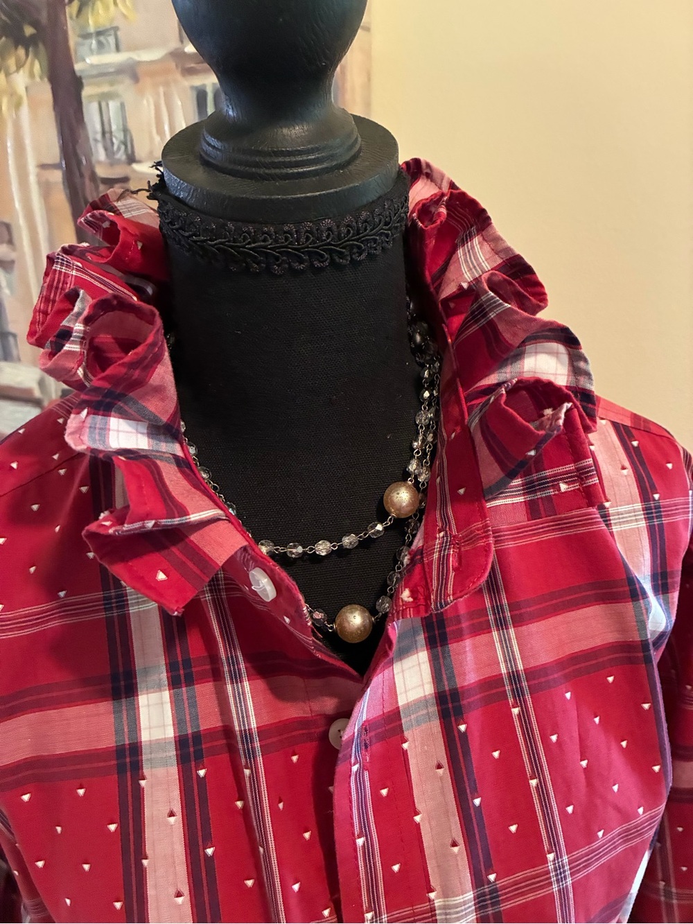 Club Room Red Plaid ruffle collar Shirt - Picture 3 of 5